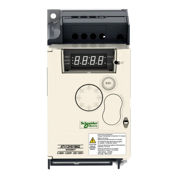 ATV12H018M2 variable speed drive, Altivar 12, 0.18kW, 0.25hp, 200 to 240V, 1 phase Schneider Electric atv12h018m2 front 1500x