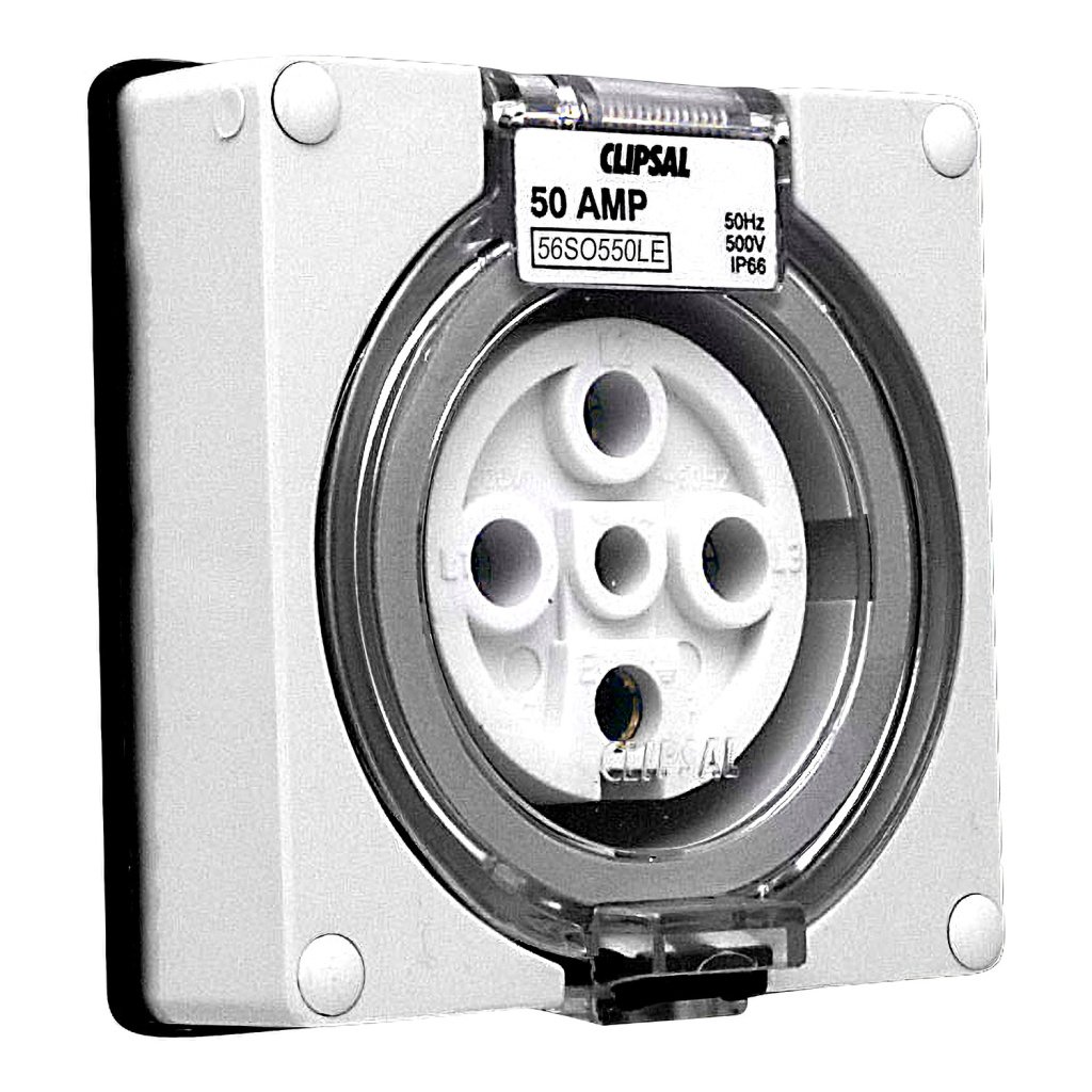 56SO550LE-GY Clipsal 56 Series, Socket Outlets, Surface Sockets IP66, 500V 50A 5 Round Pins Schneider Electric clpimg c000199