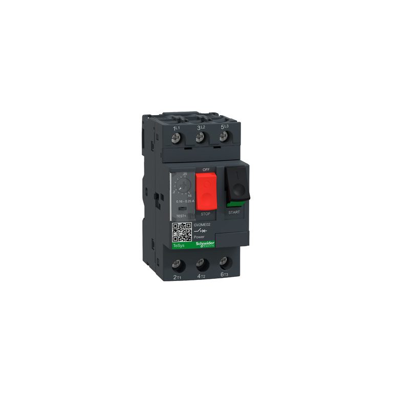 GV2ME02 Motor circuit breaker, TeSys GV2, 3P, 0.16-0.25 A, thermal magnetic, screw clamp terminals Schneider Electric gv2me02