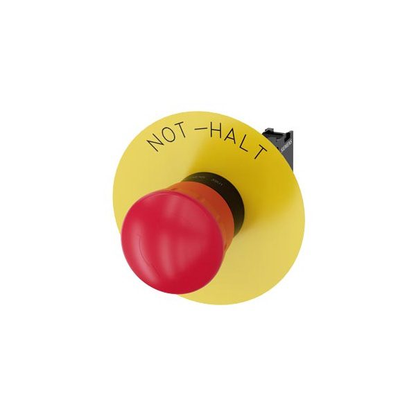 3SU11001HB201CH0 EMERGENCY STOP mushroom-type actuator, 22 mm, round, plastic, red, 40 mm, rotate-to-unlatch, with yellow bac