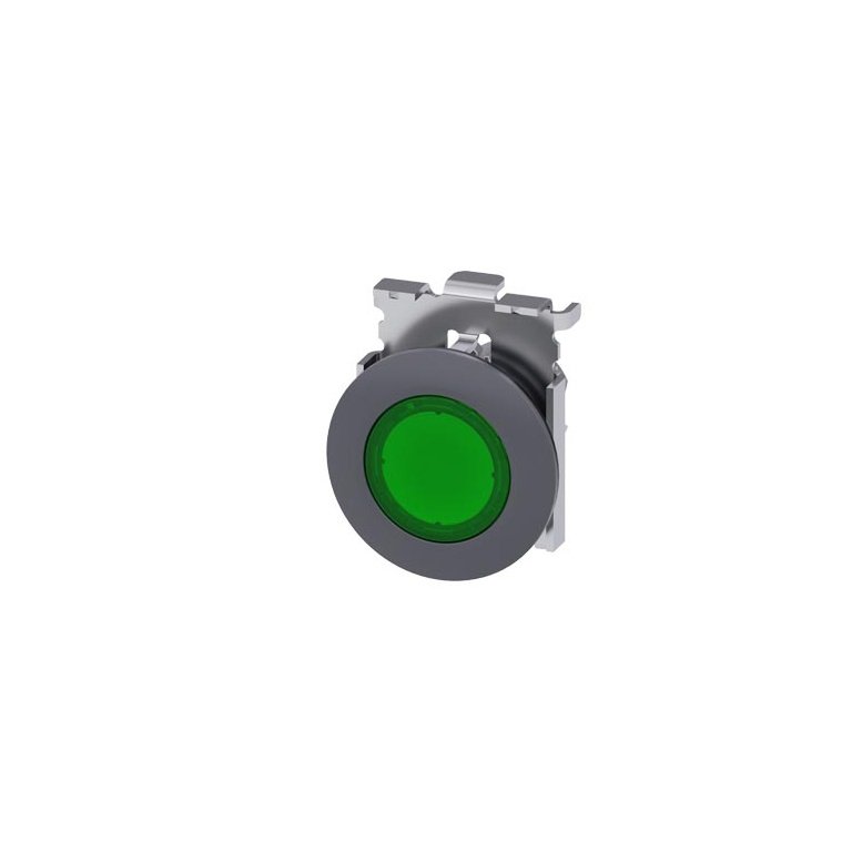 3SU10610JB400AA0 Illuminated pushbutton, 30 mm, round, metal, matte, green, front ring for flush installation, momentary cont