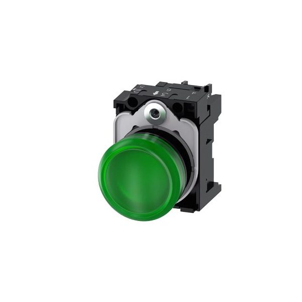 3SU11026AA401AA0 Indicator lights, 22 mm, round, plastic, green, lens, smooth, with holder, LED module, with integrated LED 2