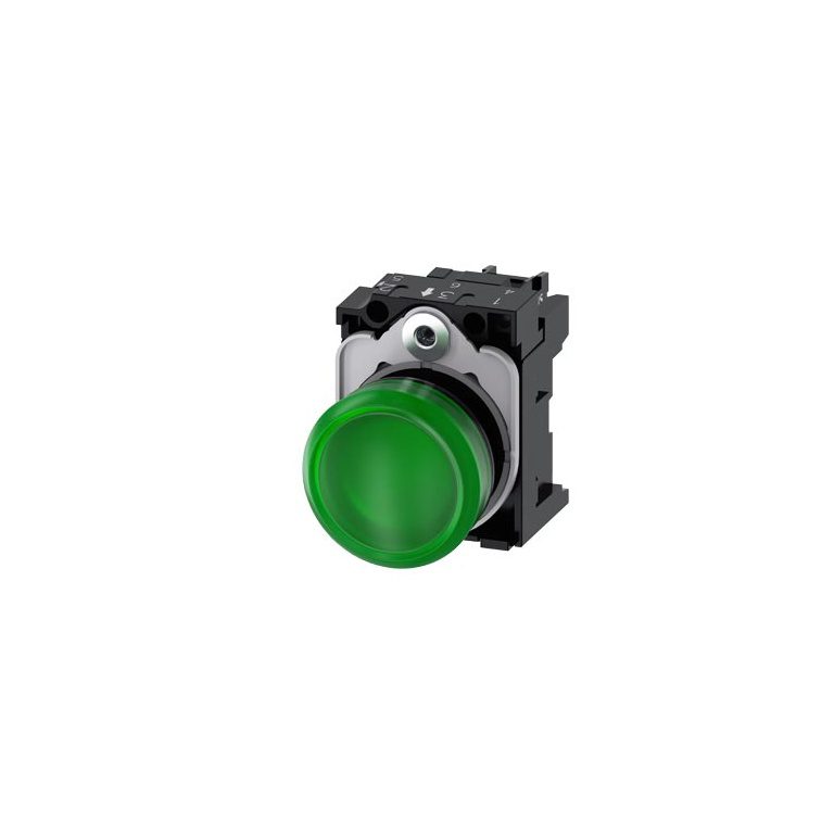 3SU11026AA401AA0 Indicator lights, 22 mm, round, plastic, green, lens, smooth, with holder, LED module, with integrated LED 2