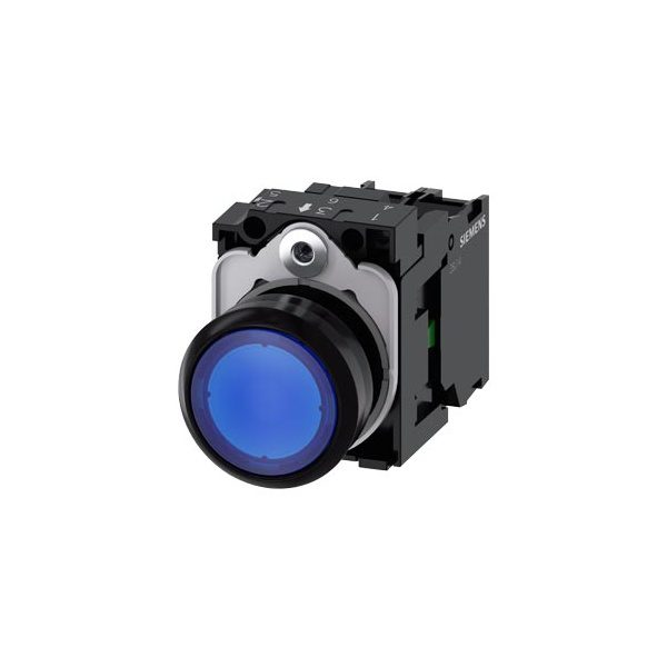 3SU11020AB501BA0 Illuminated pushbutton, 22 mm, round, plastic, blue, pushbutton, flat, momentary contact type, with holder,