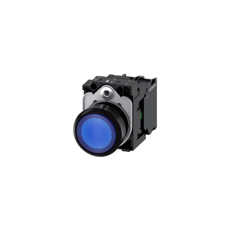 3SU11020AB501BA0 Illuminated pushbutton, 22 mm, round, plastic, blue, pushbutton, flat, momentary contact type, with holder,