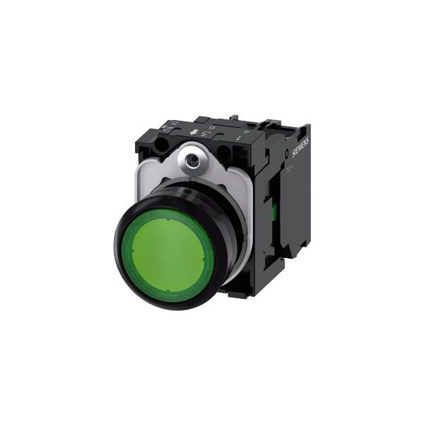 3SU11020AB401BA0 Illuminated pushbutton, 22 mm, round, plastic, green, pushbutton, flat, momentary contact type, with holder,