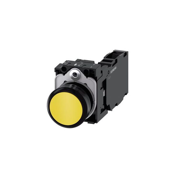 3SU11000AB301FA0 Pushbutton, 22 mm, round, plastic, yellow, pushbutton, flat, momentary contact type, with holder 1 NO 1 NC,