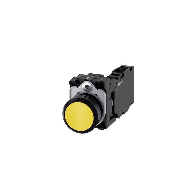 3SU11000AB301FA0 Pushbutton, 22 mm, round, plastic, yellow, pushbutton, flat, momentary contact type, with holder 1 NO 1 NC,