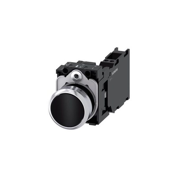 3SU11500AB103FA0 Pushbutton, 22 mm, round, metal, shiny, black, pushbutton, flat, momentary contact type, 1 NO 1 NC Siemens g
