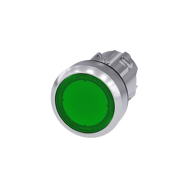3SU10510AB400AA0 Illuminated pushbutton, 22 mm, round, metal, shiny, green, pushbutton, flat, momentary contact type Siemens
