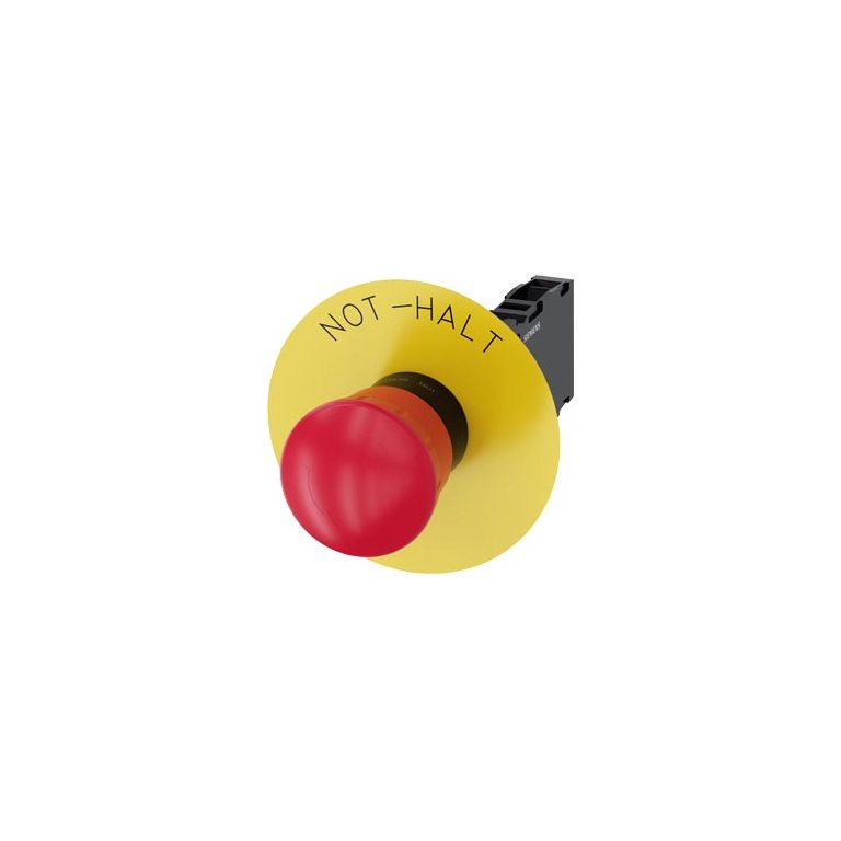 3SU11001HB201FH0 EMERGENCY STOP mushroom-type actuator, 22 mm, round, plastic, red, 40 mm, rotate-to-unlatch, with yellow bac