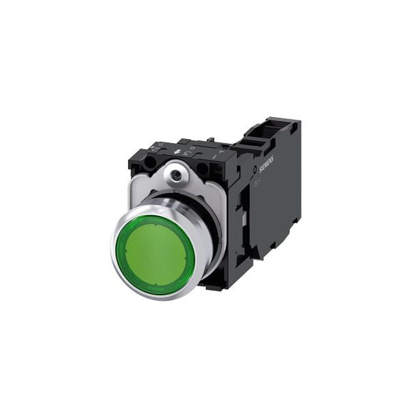 3SU11530AB401FA0 Illuminated pushbutton, 22 mm, round, metal, shiny, green, pushbutton, flat, momentary contact type, with ho