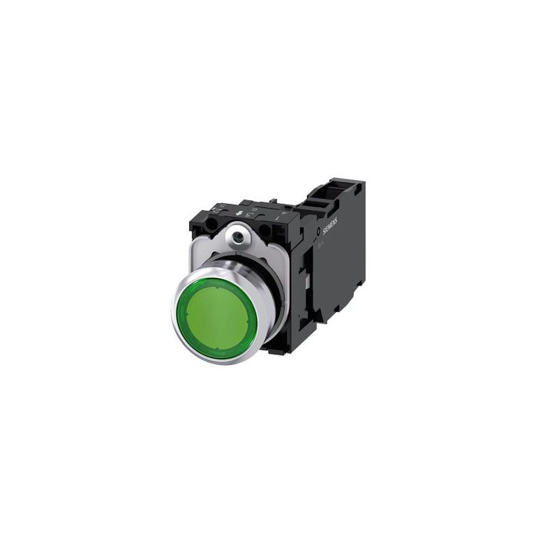 3SU11530AB401FA0 Illuminated pushbutton, 22 mm, round, metal, shiny, green, pushbutton, flat, momentary contact type, with ho