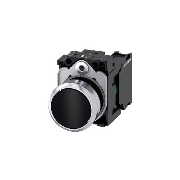 3SU11500AB101BA0 Pushbutton, 22 mm, round, metal, shiny, black, pushbutton, flat, momentary contact type, with holder, 1 NO S