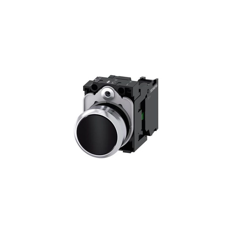 3SU11500AB101BA0 Pushbutton, 22 mm, round, metal, shiny, black, pushbutton, flat, momentary contact type, with holder, 1 NO S