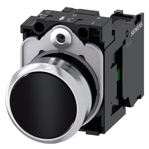 G_IC03_XX_08399i 3SU11500AB101BA0 Pushbutton, 22 mm, round, metal, shiny, black, pushbutton, flat, momentary contact type, with holder, 1 NO S