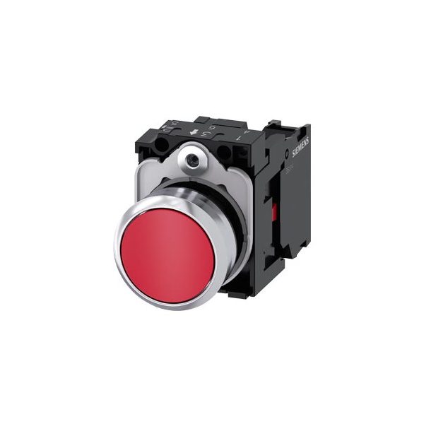 3SU11500AB201CA0 Pushbutton, 22 mm, round, metal, shiny, red, pushbutton, flat, momentary contact type, with holder, 1 NC Sie