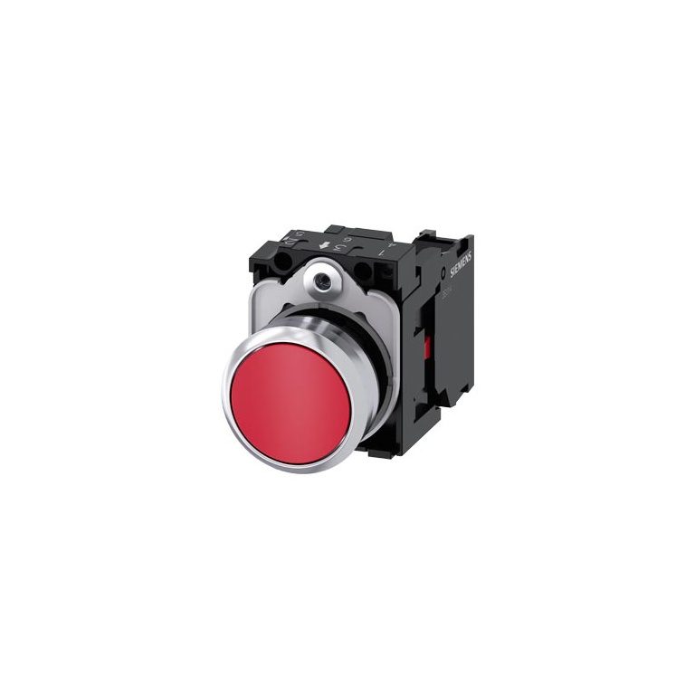 3SU11500AB201CA0 Pushbutton, 22 mm, round, metal, shiny, red, pushbutton, flat, momentary contact type, with holder, 1 NC Sie