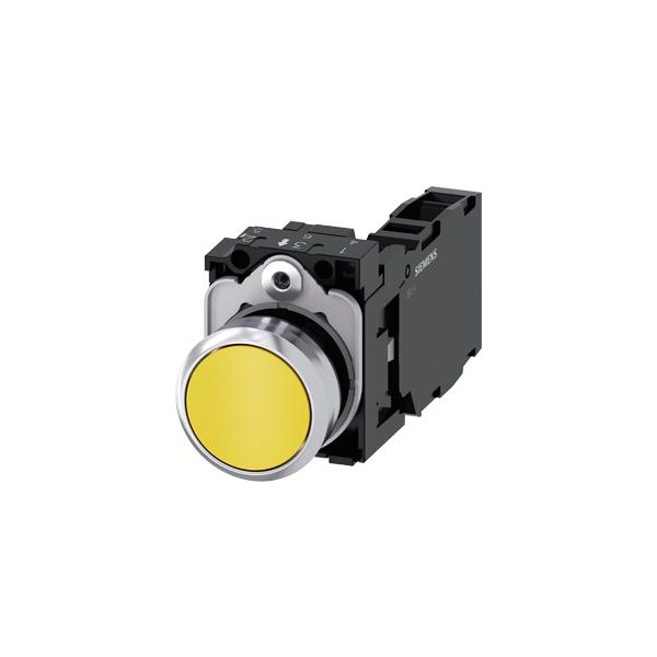 3SU11500AB301FA0 Pushbutton, 22 mm, round, metal, shiny, yellow, pushbutton, flat, momentary contact type, with holder, 1 NO