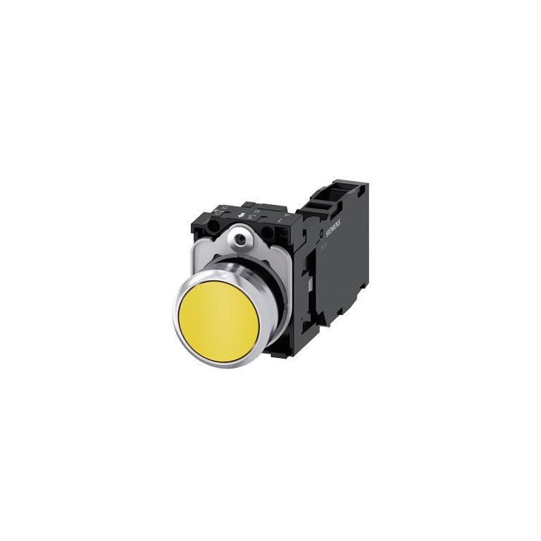 3SU11500AB301FA0 Pushbutton, 22 mm, round, metal, shiny, yellow, pushbutton, flat, momentary contact type, with holder, 1 NO