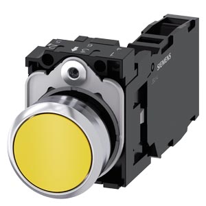 G_IC03_XX_08405i 3SU11500AB301FA0 Pushbutton, 22 mm, round, metal, shiny, yellow, pushbutton, flat, momentary contact type, with holder, 1 NO