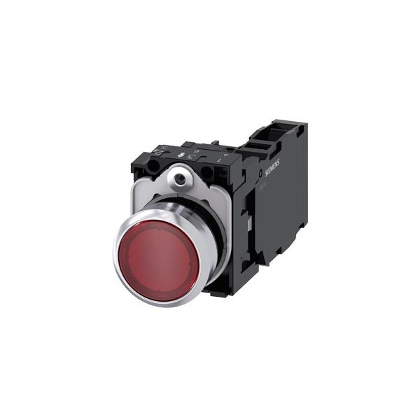 3SU11530AB201FA0 Illuminated pushbutton, 22 mm, round, metal, shiny, red, pushbutton, flat, momentary contact type, with hold