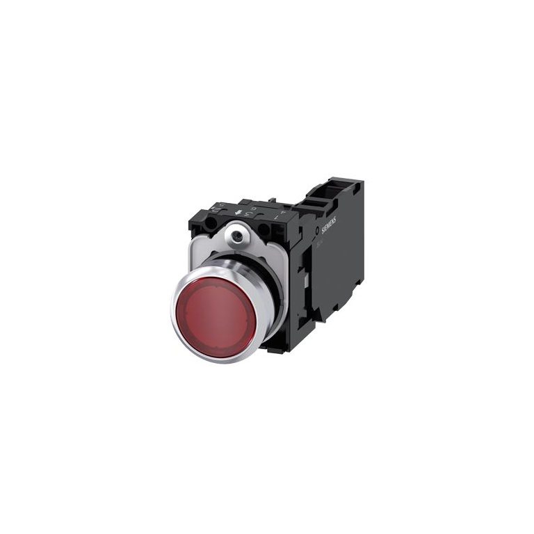 3SU11530AB201FA0 Illuminated pushbutton, 22 mm, round, metal, shiny, red, pushbutton, flat, momentary contact type, with hold