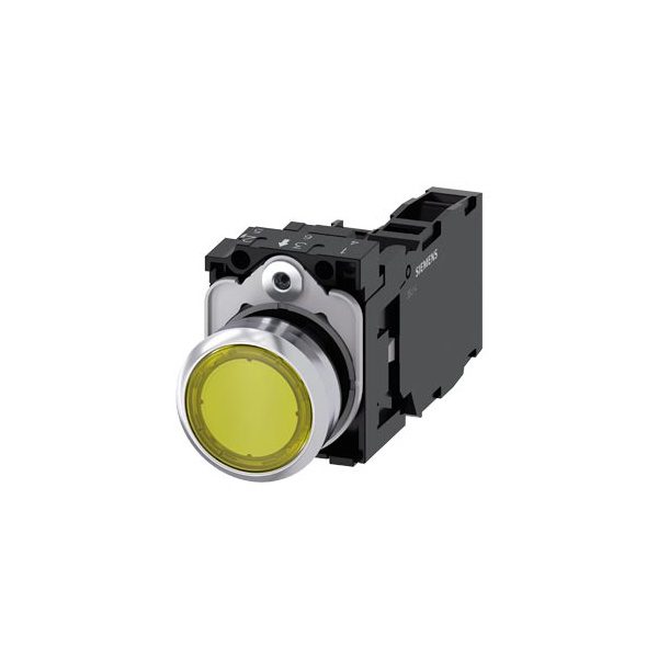3SU11530AB301FA0 Illuminated pushbutton, 22 mm, round, metal, shiny, yellow, pushbutton, flat, momentary contact type, with h