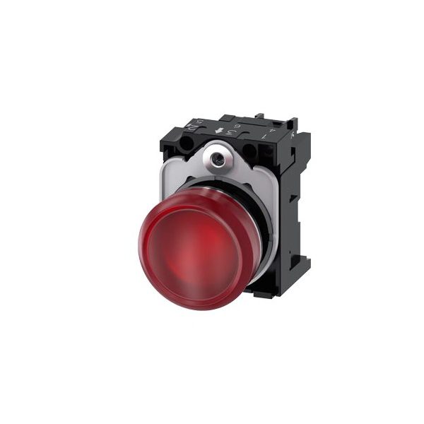 3SU11536AA201AA0 Indicator lights, 22 mm, round, metal, shiny, red, lens, smooth, with holder, LED module with integrated LED