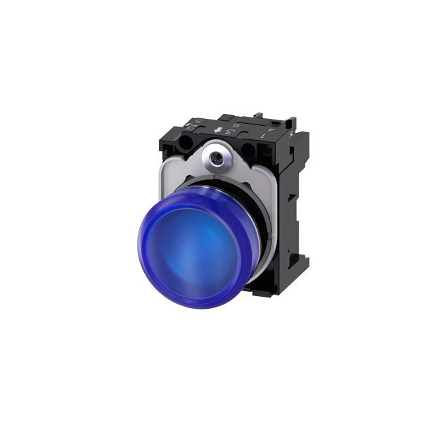 3SU11536AA501AA0 Indicator lights, 22 mm, round, metal, shiny, blue, lens, smooth, with holder, LED module with integrated LE