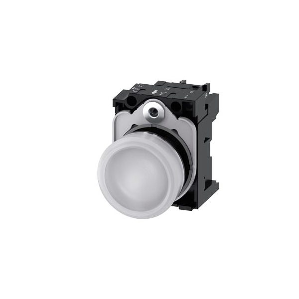3SU11536AA601AA0 Indicator lights, 22 mm, round, metal, shiny, white, lens, smooth, with holder, LED module with integrated L