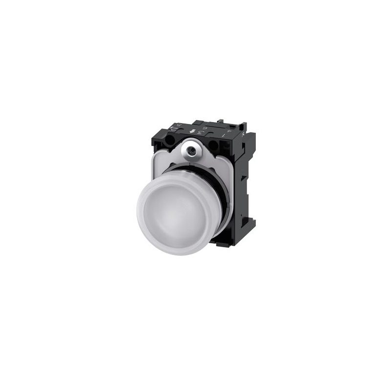 3SU11536AA601AA0 Indicator lights, 22 mm, round, metal, shiny, white, lens, smooth, with holder, LED module with integrated L