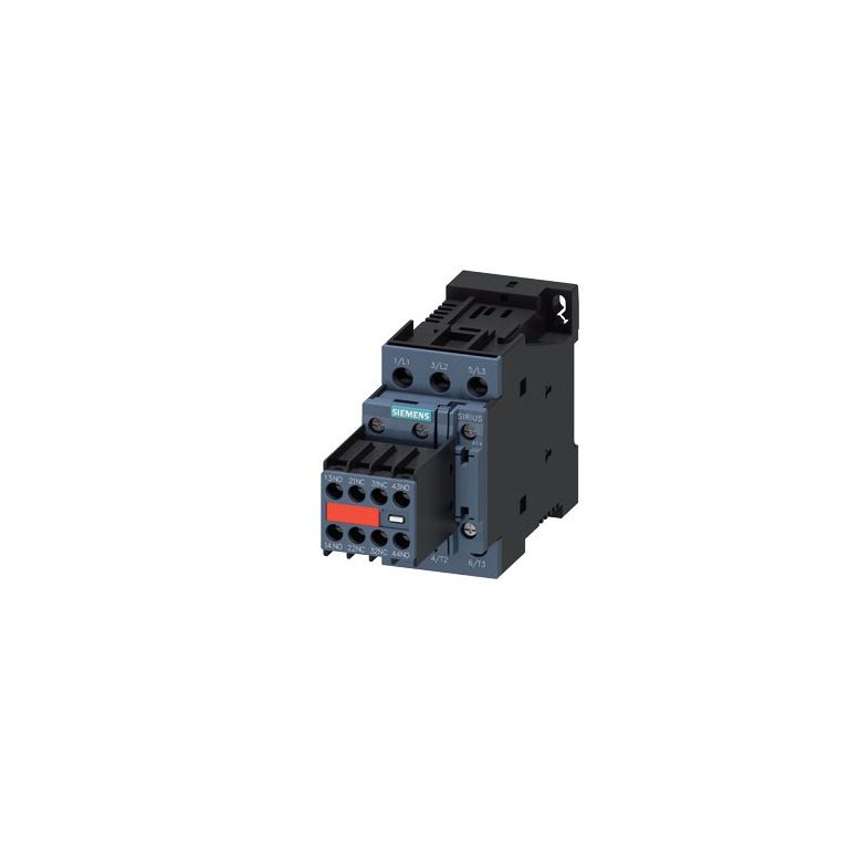 3RT20241DB443MA0 power contactor, 12 A, 3-pole, 24 V DC, with plugged-in varistor, auxiliary contacts 2 NO 2 NC, screw termin