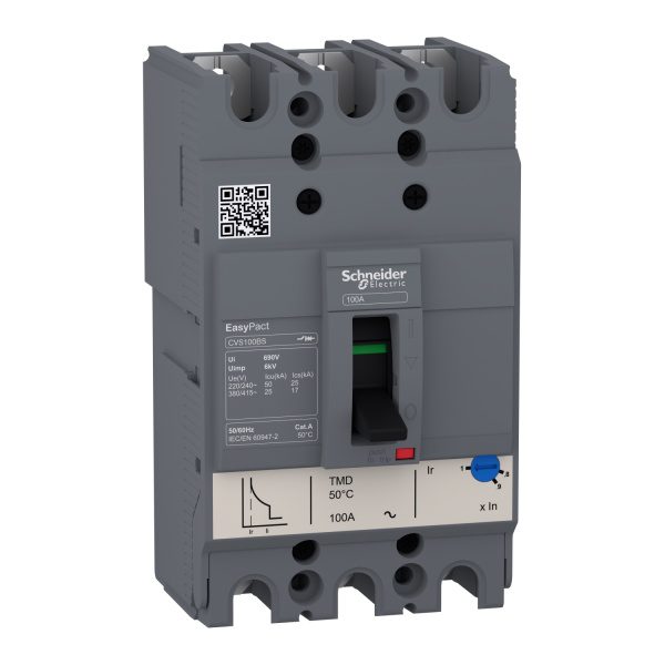 LV510936 circuit breaker EasyPact CVS100BS, 25 kA at 415 VAC, 63 A rating thermal magnetic TM-D trip unit, 3P 3d Schneider El