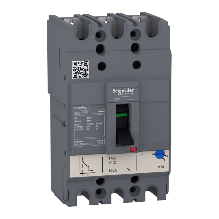LV510936 circuit breaker EasyPact CVS100BS, 25 kA at 415 VAC, 63 A rating thermal magnetic TM-D trip unit, 3P 3d Schneider El