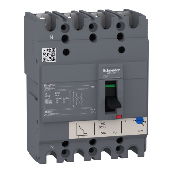 LV510956 circuit breaker EasyPact CVS100BS, 25 kA at 415 VAC, 63 A rating thermal magnetic TM-D trip unit, 4P 3d Schneider El