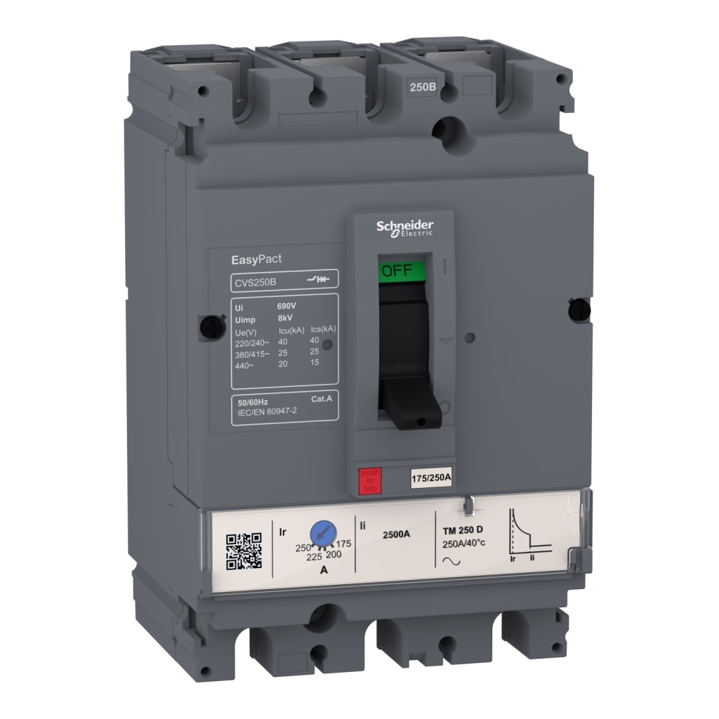 LV525302 circuit breaker EasyPact CVS250B, 25 kA at 415 VAC, 200 A rating thermal magnetic TM-D trip unit, 3P 3d Schneider El