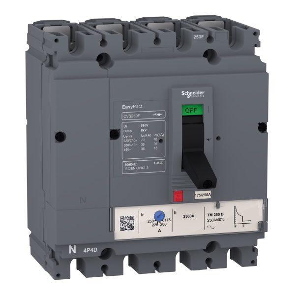 LV525342 circuit breaker EasyPact CVS250F, 36 kA at 415 VAC, 200 A rating thermal magnetic TM-D trip unit, 4P 3d Schneider El