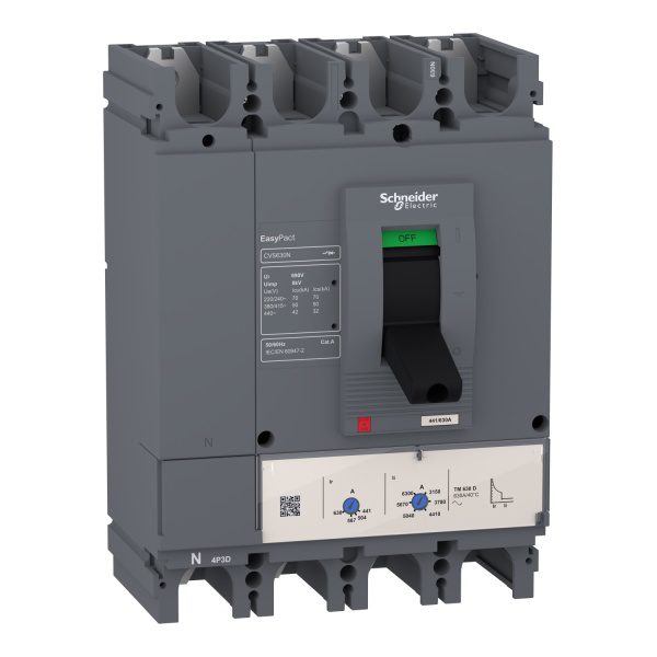 LV563318 circuit breaker EasyPact CVS630N, 50 kA at 415 VAC, 500 A rating thermal magnetic TM-D trip unit, 4P 3d Schneider El