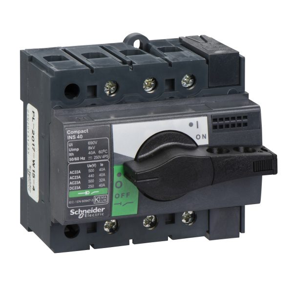 28900 switch disconnector, Compact INS40 , 40 A, standard version with black rotary handle, 3 poles Schneider Electric oda289