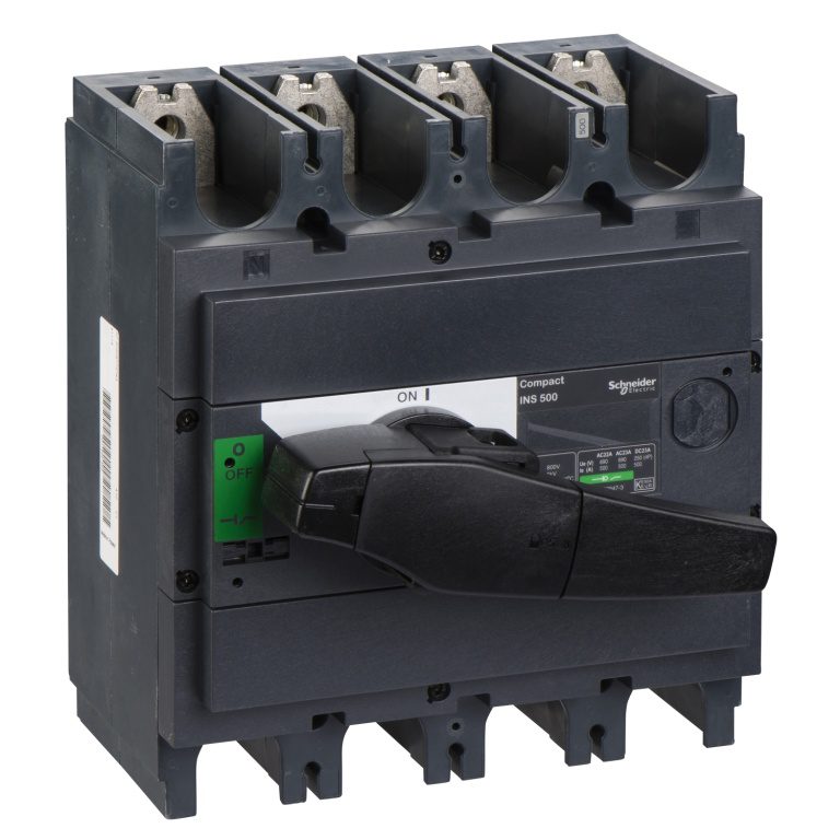 31113 switch disconnector, Compact INS500 , 500 A, standard version with black rotary handle, 4 poles Schneider Electric oda3