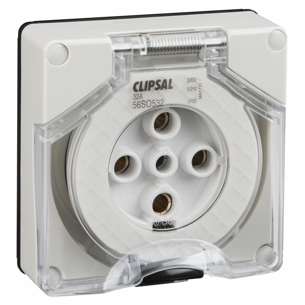 56SO532LE-GY Clipsal 56 Series, Socket Outlets, Surface Sockets IP66, 500V 32A 5 Round Pins Schneider Electric oda56so532le g