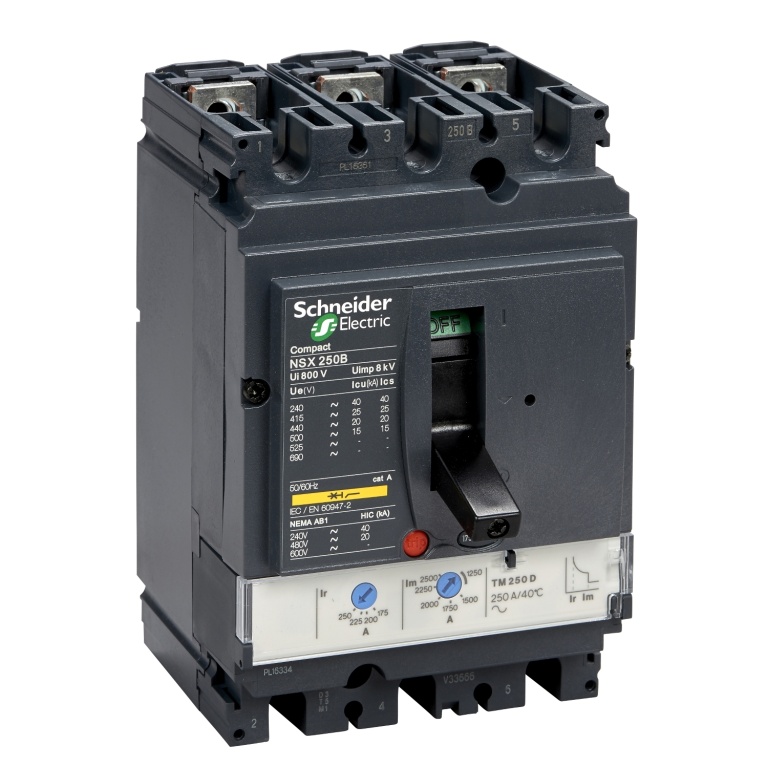 LV431110 circuit breaker Compact NSX250B, 25 kA at 415 VAC, TMD trip unit 250 A, 3 poles 3d Schneider Electric odapb103193 bi