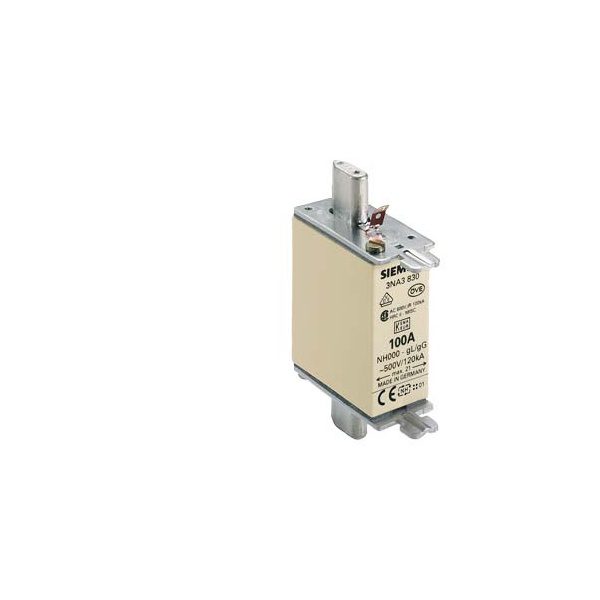 3NA3830 LV HRC fuse element, NH000, In 100 A, AC 500 V, DC 250 V, Front indicator, live grip lugs Siemens p i201 xx 01853i