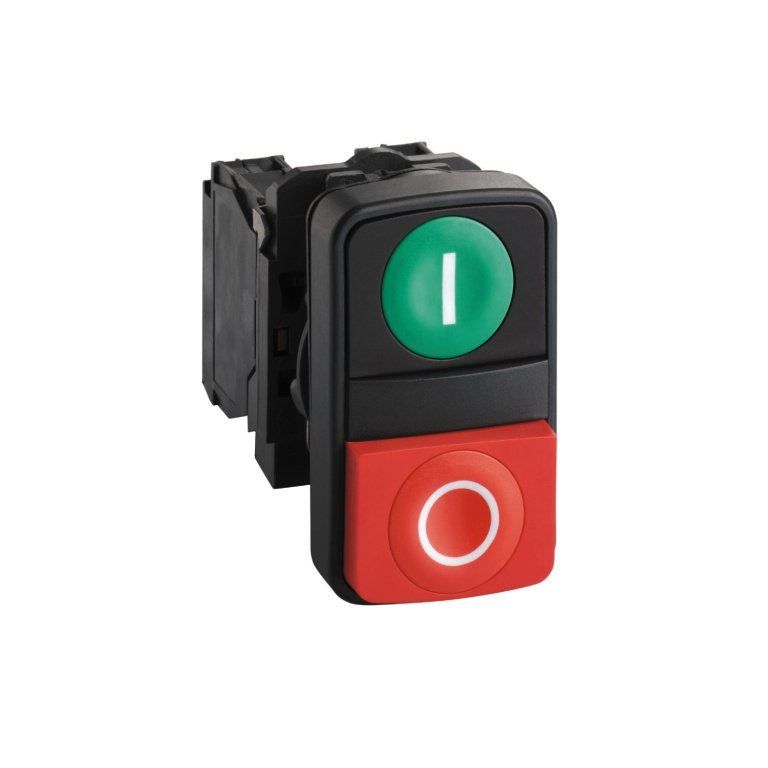 XB5AL845N Double-headed push button, Harmony XB5N XB7N, plastic, 22mm, 1 green flush marked I 1 red projecting marked O, 1NO