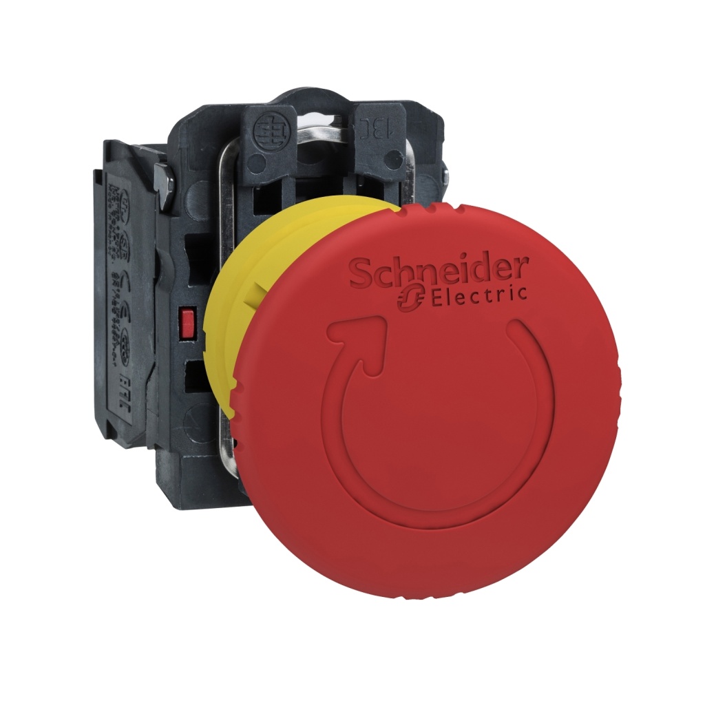 XB5AS8445N Emergency stop push button, Harmony XB5N XB7N, plastic, red, 40mm, turn to release, trigger latching, 1 NO 1NC Sch