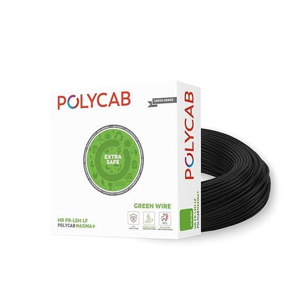 10Sqmm, Black Polycab Maxima Green Wire HR FR-LSH LF PVC Insulated Copper Cable 90Mtrs polycab maxima black