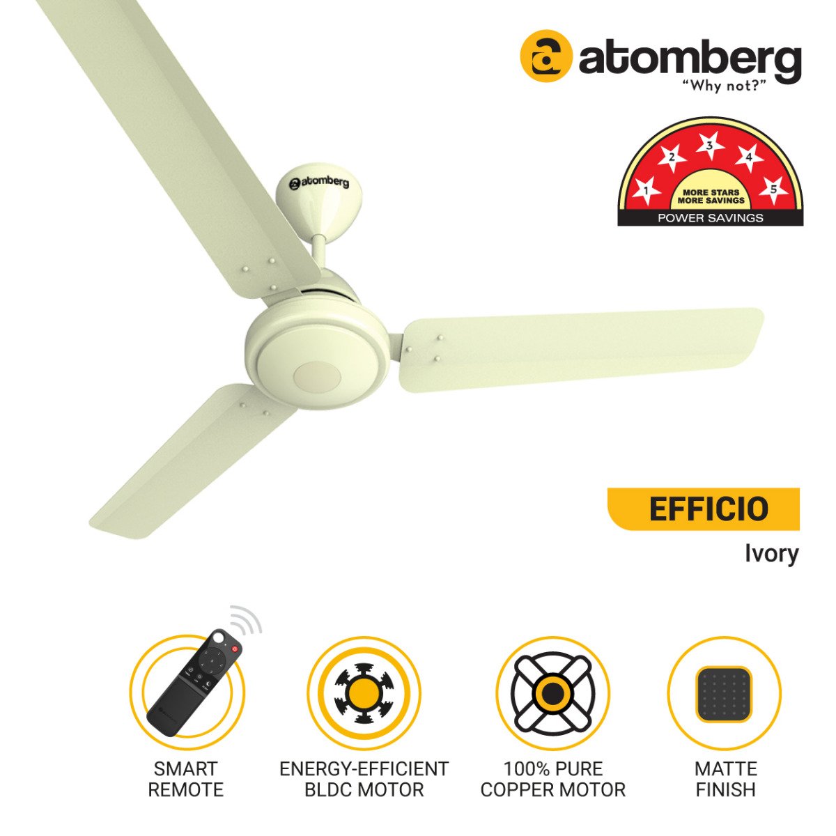 Atomberg Efficio 1200 mm BLDC Ceiling Fan with Remote Control Ivory 20220919atombergcfproductlistefficioivry ma 1