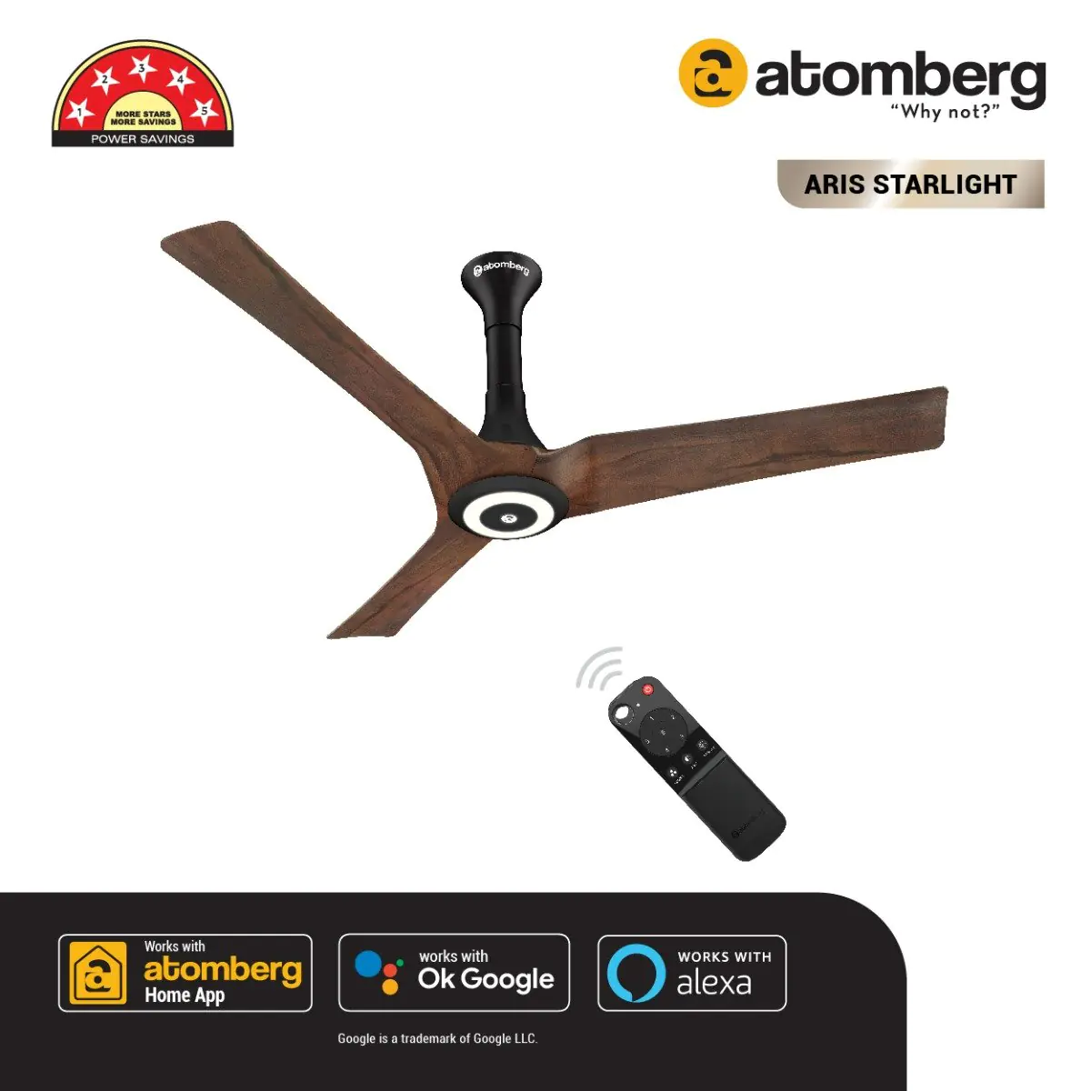 Atomberg Aris Starlight 1200 mm BLDC Ceiling Fan with IoT, Remote Control Underlight LED with 3 Colour Options Dark Teakwood