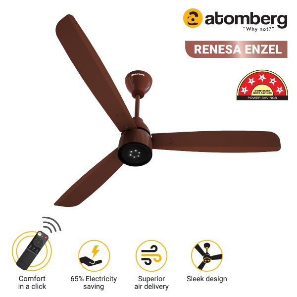 Atomberg Renesa Enzel 1200 mm BLDC Ceiling Fan with Remote Control LED Indicators Gloss Brown 22.09.23 renesa enzel pli brown